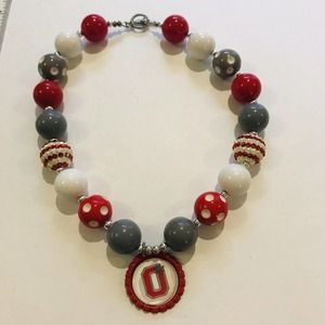 Ohio State Buckeyes Necklace Red White Rhinestones Grey Polka Beads Chunky 16"
